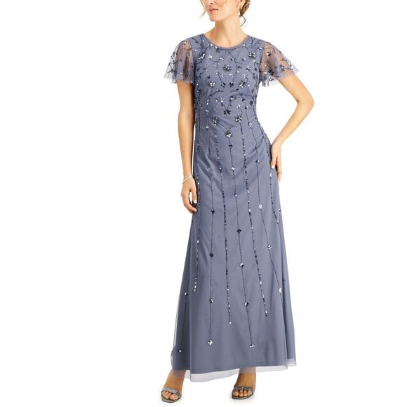 Papell Studio Women's Sz 10 Dusty Blue Flutter-Sleeve Embellished Long Gown $179 - Picture 10 of 11